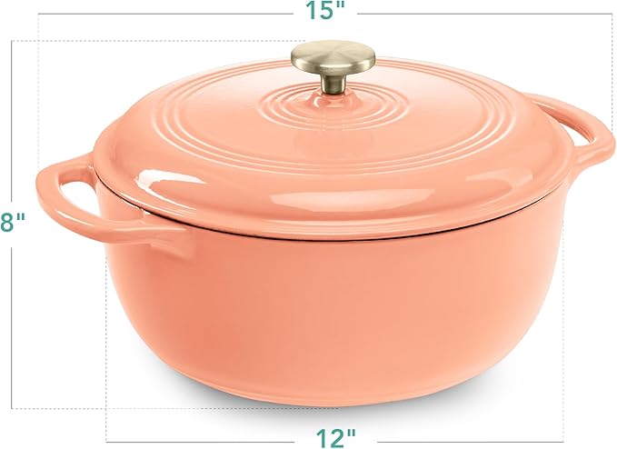 Best Choice Products 7.5 Quart Enamel Cast-Iron Round Dutch Oven, Family Style Heavy-Duty Pre-Seasoned Cookware for Home, Kitchen, Dining Room, Oven Safe w/Lid, Dual Handles - Peach Sorbet