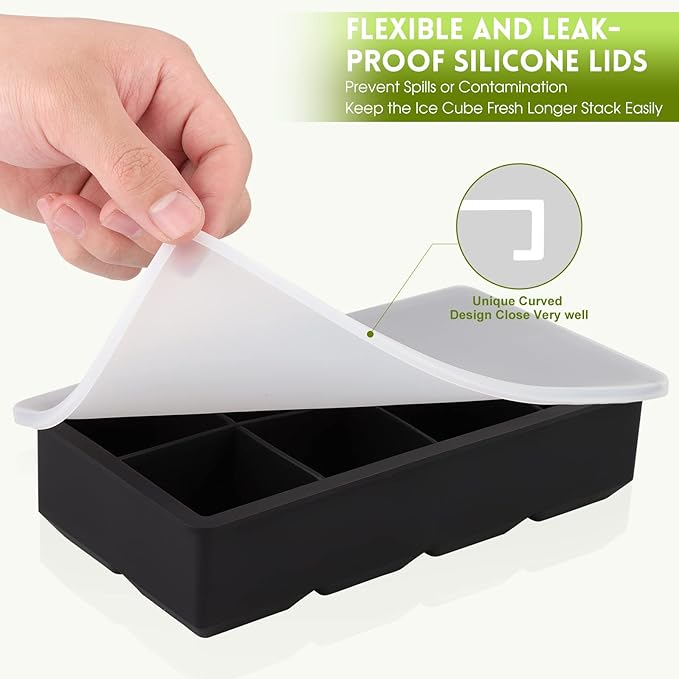 Ice Cube Trays Silicone,2 Pack Ice Cube Molds with Removable Lids,Stackable Ice Trays for Freezer,Ice Maker Reusable and BPA Free for Whiskey, Cocktail, Chilled Drink (8 Big Square Ice Cubes)