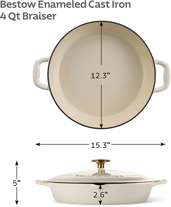 Tramontina Bestow Enameled Cast Iron Braiser Pan with Lid, 4-quart, Latte with Gold Knob