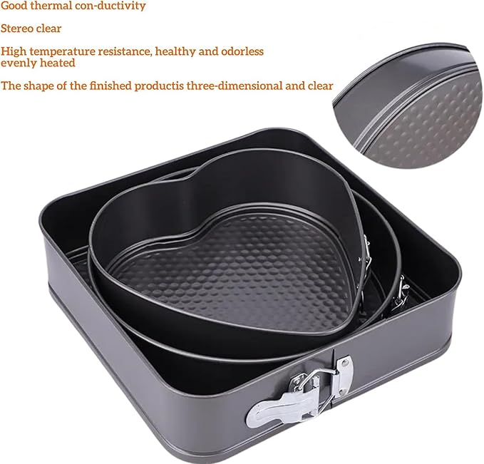 Springform Cake Pan Set of 3 (7, 8, 9 Inch) Heart Round Square Baking Pans Nonstick Cheesecake Pans with Removable Bottom Stainless Steel Bakeware for Cake, Mousse