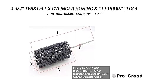 TwistFlex Cylinder Hone | 4-1/4” 240SC Flexible Cylinder Honing & Deburring Tool | 4.25” Bore Brush for Hole Diameters 4” – 4.27” | Silicon Carbide 240 Grit 0.354” Shank 13-1/2” Length