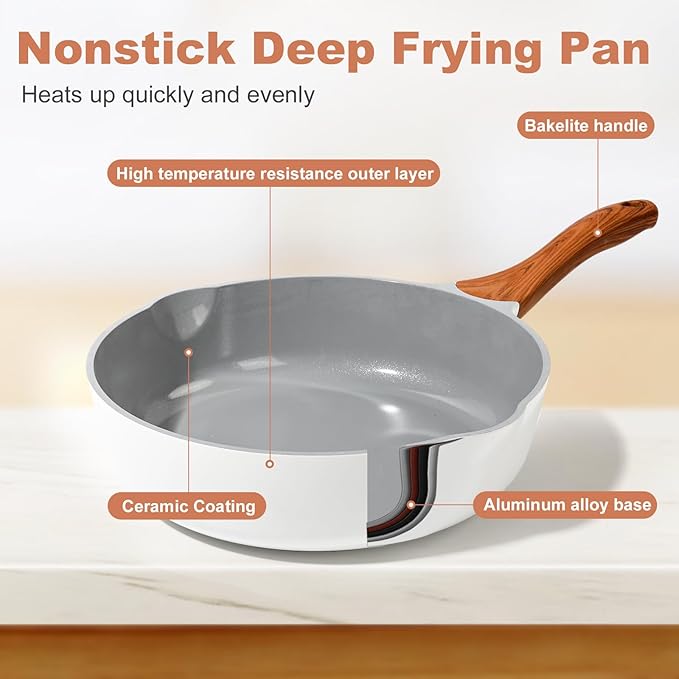 Nonstick Ceramic Frying Pan With Lid, 10 Inches Deep Frying Pan Non Stick Skillet With Pour Spout, Non Toxic Cookware for Stove, Induction, Gas, PB/CD/PFOA Free (White,10 Inches)