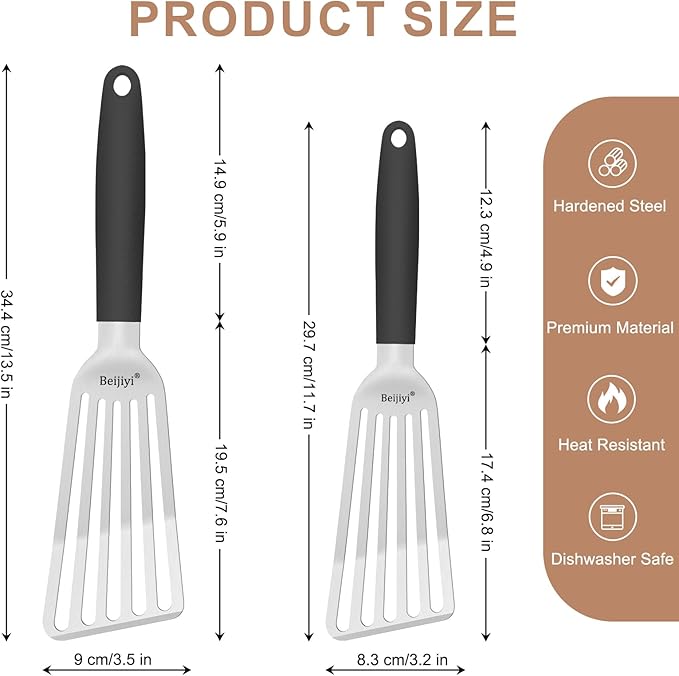 Beijiyi Stainless Steel Fish Spatula Set of 2, 13.5" & 11.7" Slotted Turner with Silicone Handle, Thin Edge, Metal Spatulas for Kitchen Use, Cooking Utensils for Flipping Fish, Burger and Grilling