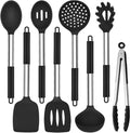 TeamFar Kitchen Utensils Set of 8, Silicone Utensils Kitchen Tools Set with Stainless Steel Handle, for Frying Serving Flipping Draining, Non-toxic & Heatproof, Nonstick & Dishwasher Safe - Black