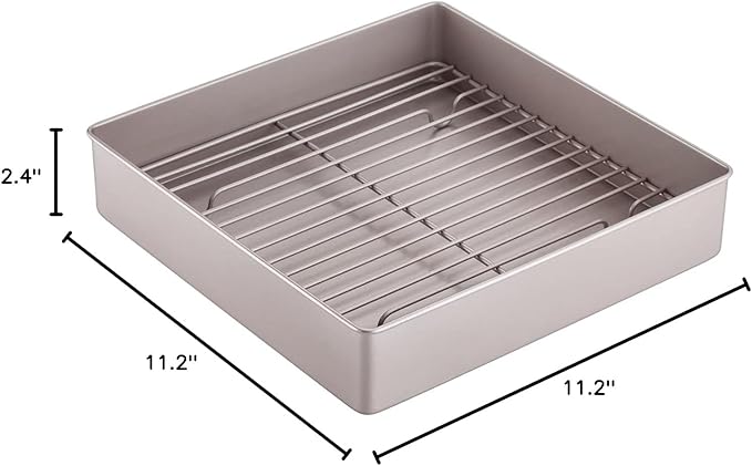 CHEFMADE Roasting Pan with Rack, 11-Inch Non-Stick Square Deep Dish Cake Pan with Wire Rack for Oven Baking, BBQ, Jelly Roll and Roasting 11.2" x 11.2" x 2.4" (Champagne Gold)