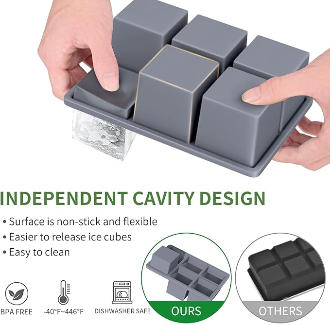 Large Ice Cube Tray for Whiskey: FDDBI Silicone Ice Cube Trays with Lid - 2Pack Big Square Old Fashioned Ice Cube Maker for Cocktail - 2inch Huge Cubed Ice Trays for Whisky