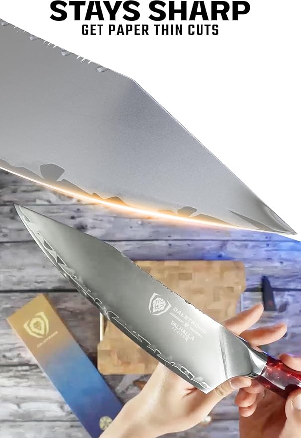 Dalstrong Chef Knife - 8 inch - Valhalla Series - 9CR18MOV HC Steel Kitchen Knife - Red Resin & Wood Handle - Razor Sharp Kitchen Knife - Cooking Knife - Chef's Knife - w/Leather Sheath