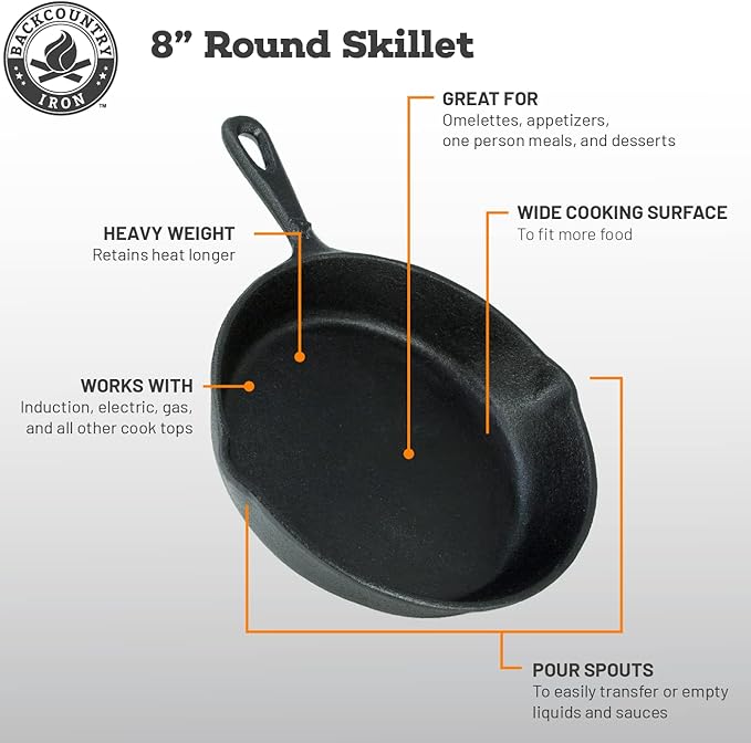 Backcountry Iron 8 Inch Round Medium Pre-Seasoned Cast Iron Skillet