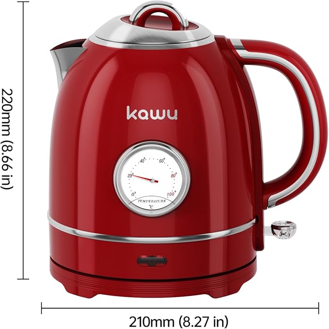 Kawu Retro Electric Kettle, 1.3L Hot Tea Water Boiler with Temperature Gauge, 1355W Fast Boiling Tea Kettle with Stainless Steel Inner & Boil-Dry Protection, Auto Shut Off, 60°C Keep Warm, Food Grade