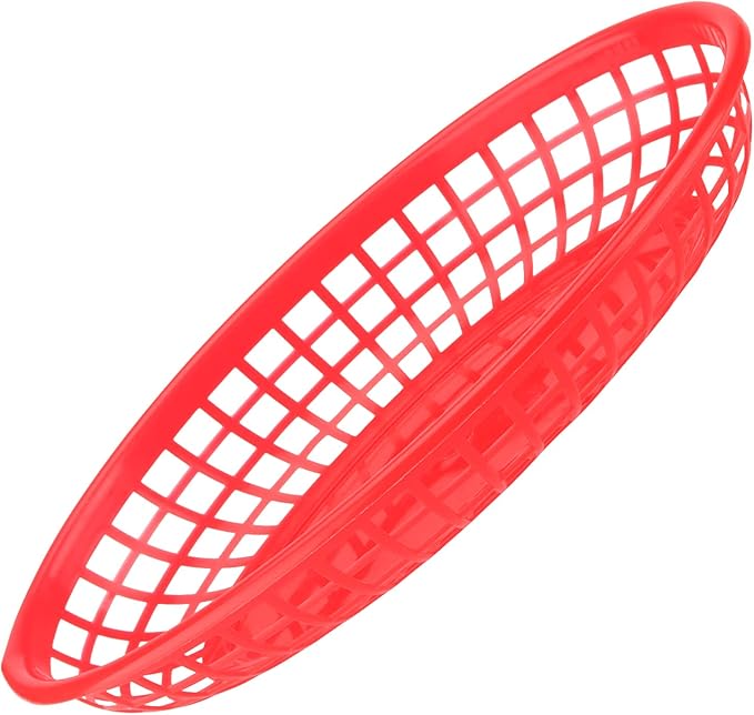 60 Pack Red Plastic Oval Fast Food Baskets - 9x5.7x1.6 Inch, Perfect for Picnic, Deli Serving, Chicken, Burgers and Fries