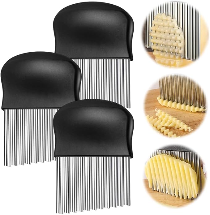 Large Crinkle Cutter, Stainless Steel Wavy Cutter with Non-Slip Handle, French Fry Cutter, Crinkle Potato Slicer, Chopping Tools for Potatoes Carrot Fruit Vegetable (C Set: 3 Pcs)