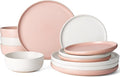 Famiware Milkyway Plates and Bowls Sets, 12 Pieces Dinnerware Sets, Reactive Glaze Dish Set, Stoneware Dishes Set for 4, Matte Beige White & Light Pink