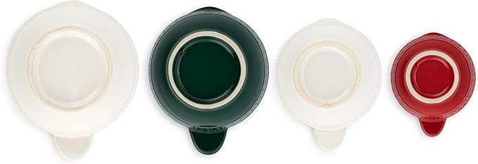 DEMDACO Baking Holiday Memories Red, Green, White Glossy Ceramic Stoneware Festive Christmas Kitchen Countertop Accessory Décor, Embossed Detail, Christmas Measuring Cups, Set of 4