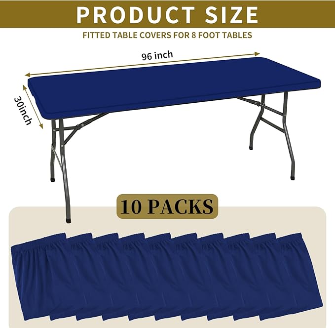 10 Pack Stretch Fabric Table Top Cap Cover, fits 8' Tables, Spandex Table Covers Washable Elastic Rectangle Tablecloth Protector for Indoor Outdoor Party Picnic Wedding, Navy Blue, 30" W x 96" L
