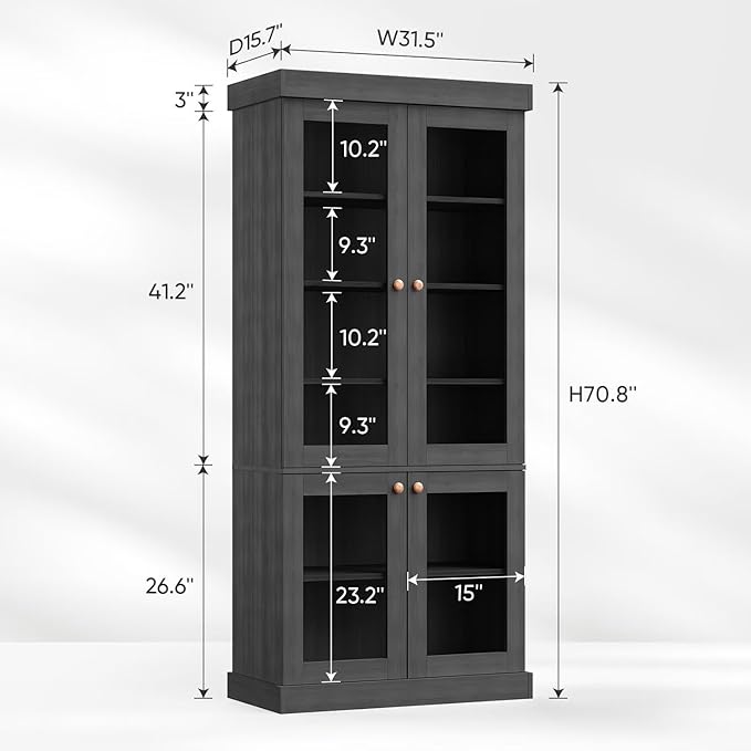 70.8" Tall Black Bookshelf with Glass Doors, Farmhouse Modular Bookcase with 6-Tier Adjustable Shelves, Large Storage Cabinet for Home Office, Living Room