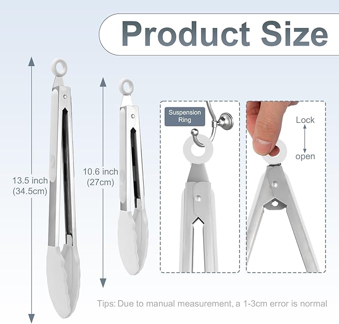 Premium Stainless Steel Heat Resistant Kitchen Tongs for cooking,set of 9" and 12" (White),Non Scratch Silicone cooking Tong Tip for Cooking Pans,Strong Grip BBQ tongs for Grabbing Hot Food