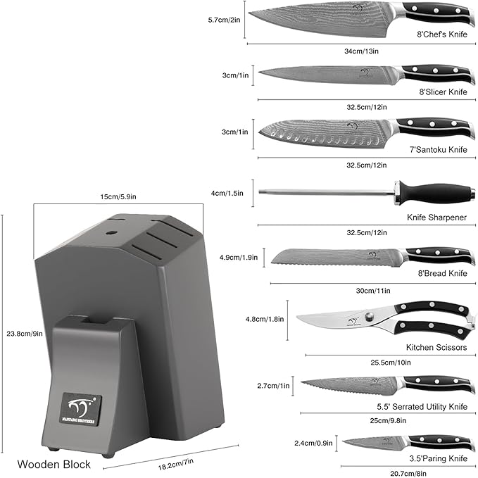 Damascus Kitchen Knife Set with Block - Razor Sharp 67-Layer VG10 Steel, Triple Rivet Handles, Chef, Santoku, Utility, Bread & Paring Knives, Sharpener, Shears, Grey, 9 Pcs
