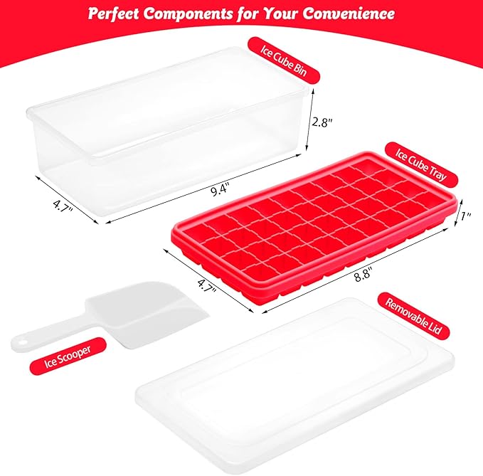 Silicone Ice Cube Tray with Leak-Proof Lid & Storage Bin for Freezer – BPA-Free 36-Piece Nugget Ice Molds, Spill-Resistant Cover & Ice Scoop Container Cover