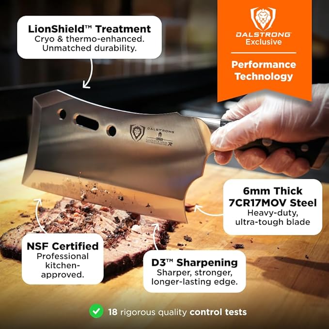 Dalstrong Obliterator Meat & Veggie Cleaver Knife - 9 inch - Gladiator Series R - Wood Stand & Sheath Cover - Razor Sharp Heavy Duty Bone Chopper- 3lbs 6mm Thick - 7CR17MOV Carbon Steel - G10 Handle