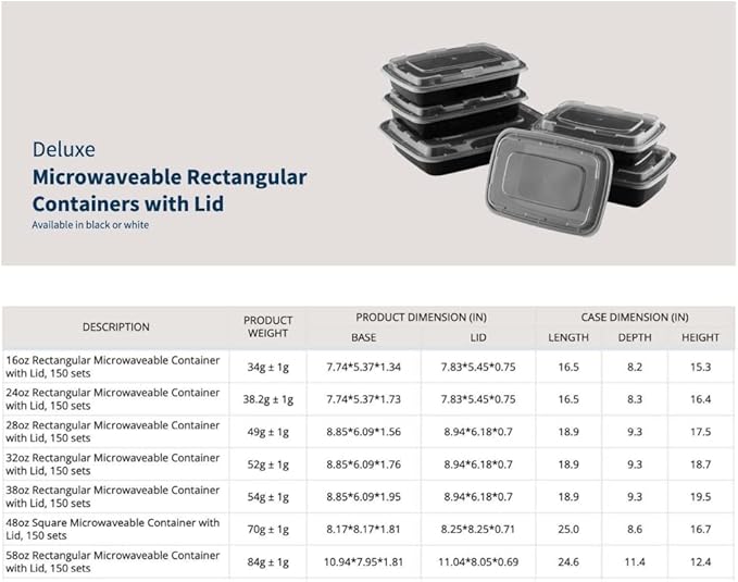 TIYA Food Containers - 38 oz Bulk 150 Pack with Lids - Rectangular Plastic To-Go Containers - Reusable, Microwavable, Dishwasher Safe - Leak-Proof for Meal Prep - BPA-Free