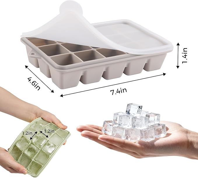 Silicone Ice Cube Trays with Lid, Set of 4, Easy Release Ice Molds, Reusable and Stackable Ice Trays for Freezer for Cocktail, Whiskey, Baby Food, BPA Free (gray)