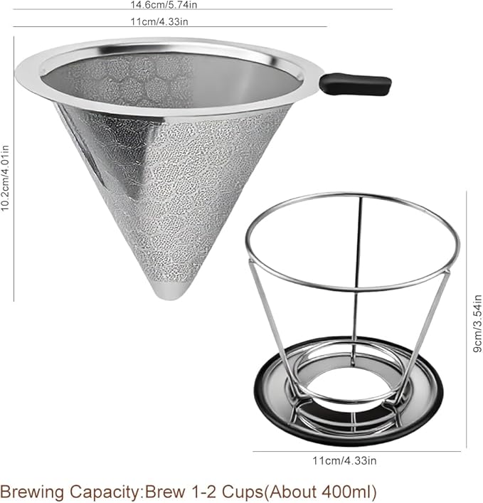 Pour Over Coffee Dripper, Abnaok Stainless Steel Filter,Easy to Clean Paperless Pour Over Coffee Maker,Reusable Filter,Cone Dripper with Removable Cup
