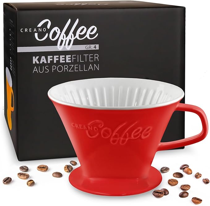 Creano Porcelain Coffee Dripper Red - Ceramic Cone Brewer - Pour Over Coffee Maker for Filter Bags Size 4 - Easy Manual Brew for pure Taste - also for Camping, Hiking