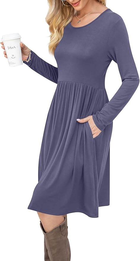 DB MOON Women Casual Long Sleeve Dresses Empire Waist Knee Length Loose Dress with Pockets