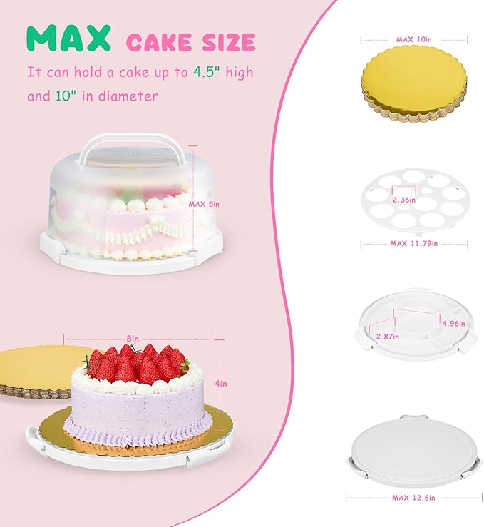 Cake Carrier With Lid And Handle, Bpa-Free Cake Holder With Lid For 10 Inch Round Cake Carrier With 10 pcs Round Golden Cake Boards And Portable Insulated Bag（White）