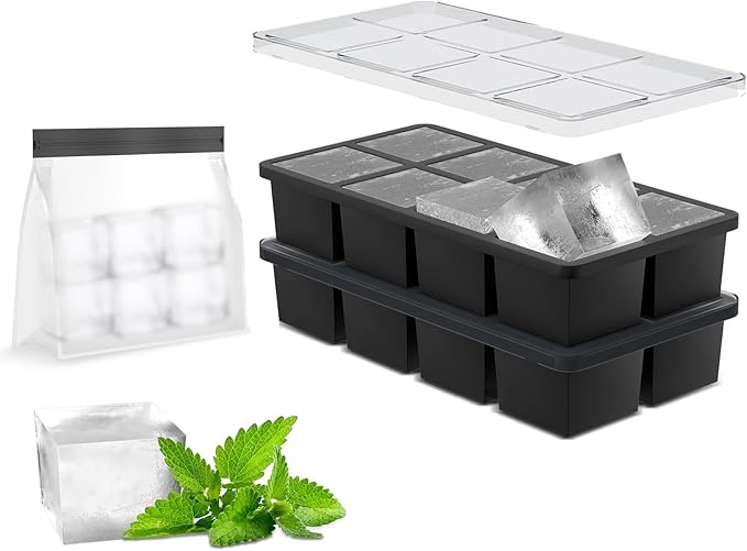 Samuelworld Large Silicone Ice Cube Tray Molds, Big 2 Inch Cubes 3 Pack- Food Grade, Flexible, 8 Cavity Easy Release Slow Melting Ice for Whiskey, Cocktails, Gifts & Christmas - Black (Ice Bag)