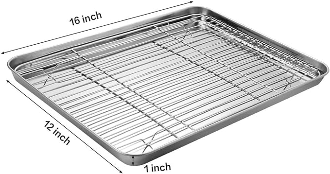 Stainless Steel Baking Sheet Tray Cooling Rack with Silicone Baking Mat Set, Cookie Pan with Cooling Rack, Set of 6 (2 Sheets + 2 Racks + 2 Mats), Size 16 x 12 x 1 Inch, Easy Clean