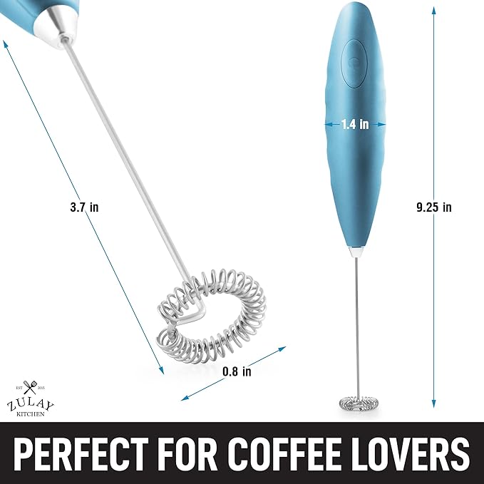 Zulay Double Grip Milk Frother for Coffee With Upgraded Holster Stand - Coffee Frother Handheld - Electric Handheld Foam Maker - Hand Mixer for Latte, Matcha - Electric Whisk (Metallic Ice Blue)