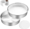 E-far 9½ Inch Cake Pan Set of 2, Stainless Steel Round Layer Cake Baking Pans with Parchment Rounds & Side Liner Roll, Non-Toxic & Healthy Metal Cakes Tin, Straight Side & Dishwasher Safe
