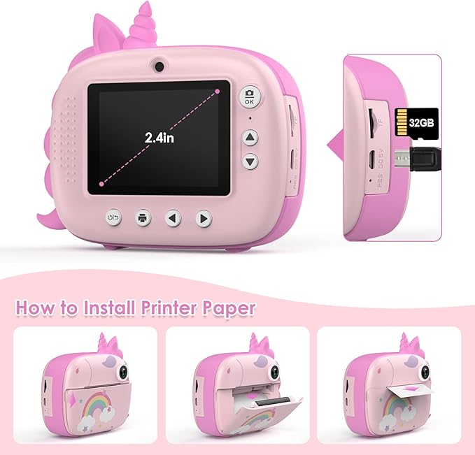 Kids Camera Instant Print, Selfie Digital Camara for Kids with Print Paper & 32G Card, 2.5K Video & Instant Print Camera with Color Pens for DIY, Fun Gift for Girls Boys 3-12 Years Old (Pink)