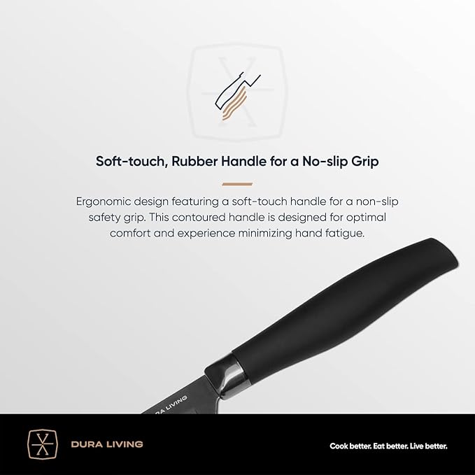 DURA LIVING Chef Knife, 8 Inch Nonstick Titanium Plated Stainless Steel Ultra Sharp Blade, With Ergonomic Comfort Grip Handle Chef's Cooking Knife, With Matching Sheath