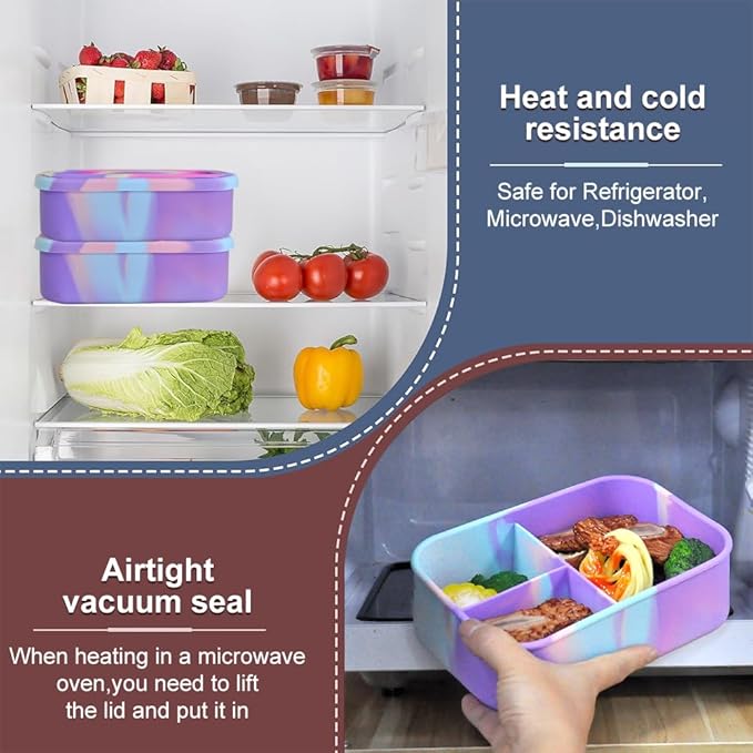 Silicone Lunch Box for Adults & Kids, 40oz Bento Box | 3 Compartments, Leak-Proof Design, 100% Food-Grade Silicone | Microwavable & Portable For All Occasions (5.7x8.5in, Purple)