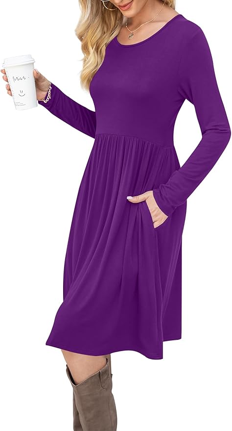 DB MOON Women Casual Long Sleeve Dresses Empire Waist Knee Length Loose Dress with Pockets