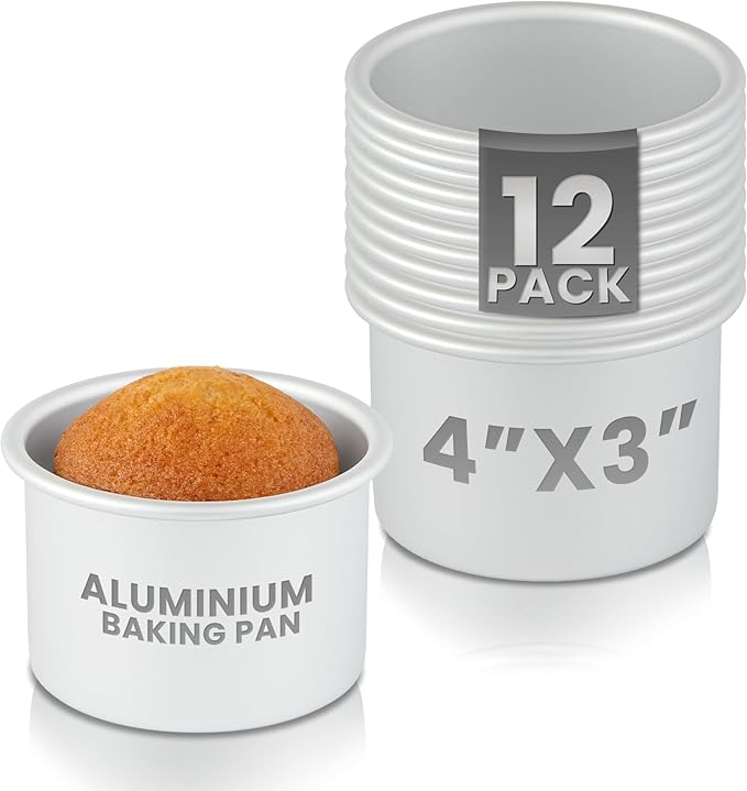 Restaurantware-Met Lux 4 x 3 Inch Straight-Sided Baking Tins, 12 Round Cake Pans - Oven-Ready, Freezable, Anodized Aluminum Round Baking Pans, Greaseproof, For Layer Birthday Cakes