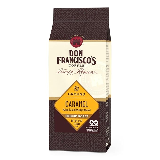 Don Francisco's Caramel Ground Coffee, Medium Roast – Flavored 100% Arabica, 12 oz Bag, Premium Coffee for Drip, Pour Over & French Press