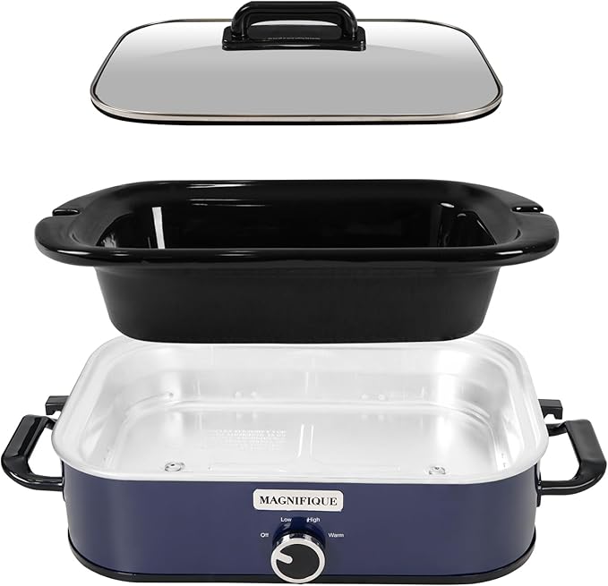 Magnifique 4-Quart Slow Cooker with Casserole Manual Warm Setting - Perfect Kitchen Small Appliance for Family Dinners, Dishwasher Safe Crock, Blue
