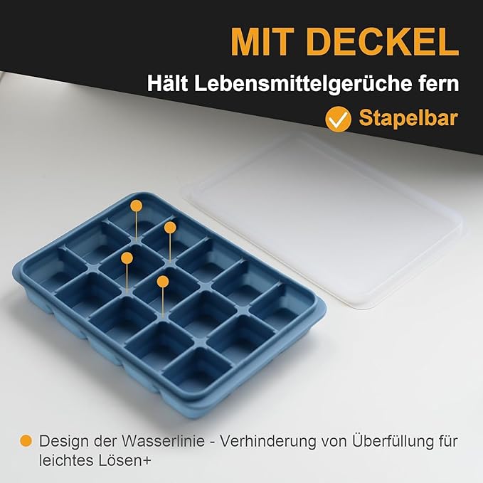 Ice Cube Trays Set of 3, Easy Release 15 Flexible Silicone Ice Cube Molds with Removable Lid Reusable Freezer Ice Trays Stackable for Whiskey, Blue*3