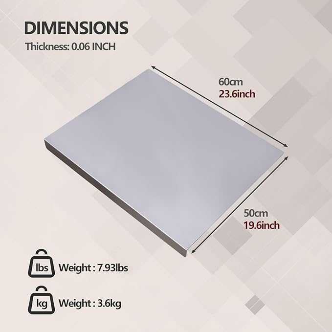 Stainless Steel Cutting Board for Kitchen - 304 Stainless Steel Chopping Boards for Baking, Double-Sided Use for Raw & Cooked Food - Ideal for Homemade Pasta, Pizza & Bread Making (19.6×23.6×0.06")