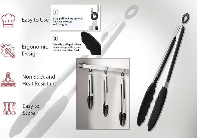 Red Stainless Steel Tongs Heat Resistant Kitchen Tongs Set - 7", 9" & 12" Inch, BBQ Tongs with Silicone Tip, Strong Grip for Cooking, Salad Tossing,Air Fryer, &Grill Tongs- Pull Lock, Red - Set of 3