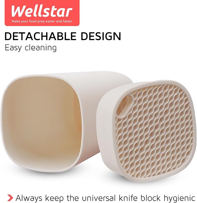 Universal Knife Block Holder for Kitchen, WELLSTAR Knife Stand without Knives, Safe Space Saver Large Volume Stable Knife Storage with Scissors Slot, Detachable for Easy Cleaning – Off-White