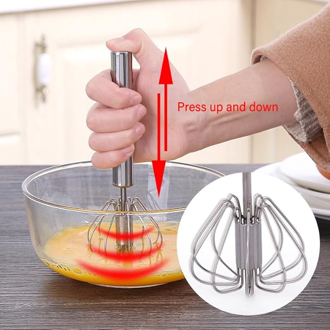 Stainless Steel Semi-Automatic Whisk, Hand Push Rotary Whisk Blender, Versatile Milk Frother for Blending, Whisking, Stirring (12 Inch)