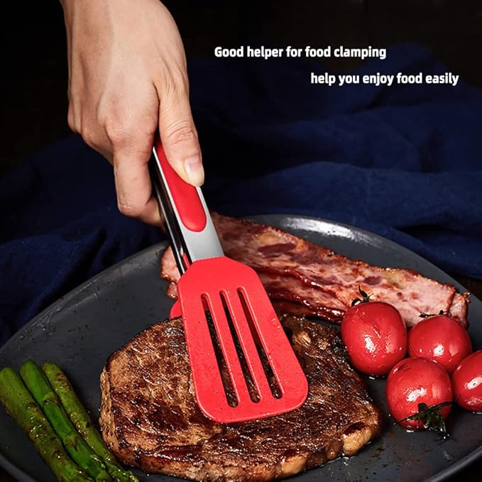 Silicone Tip Kitchen Tongs - 9 & 12 Inch with Locking Handle, Heat Resistant Stainless Steel for Grilling, Serving, BBQ, Non-Stick Pans (Black & Red)