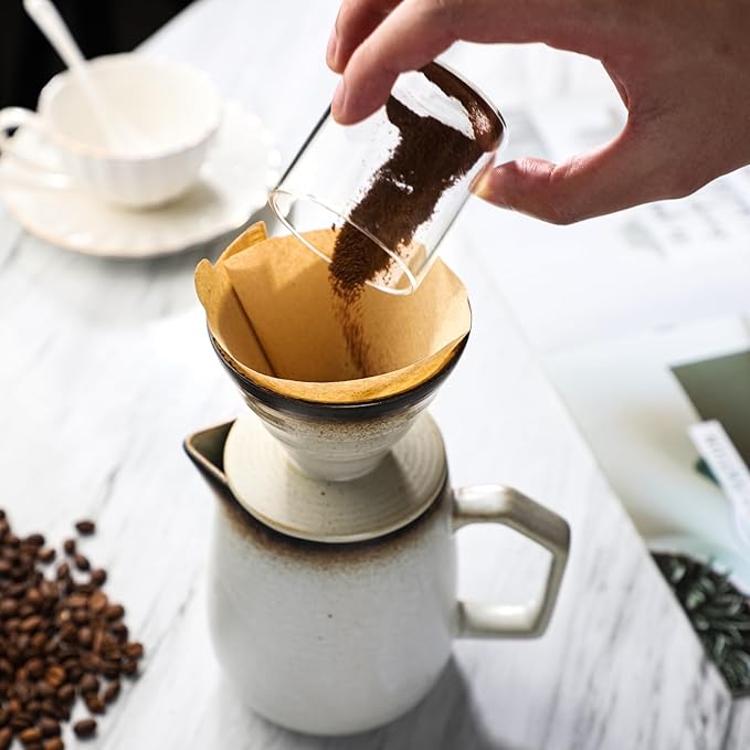 Pour Over Coffee Maker, Ceramic Coffee Dripper 20oz/620ml, with 50 pcs V60 Paper Filter, Drip Coffee Brewer, Vintage-Style (white, 1)