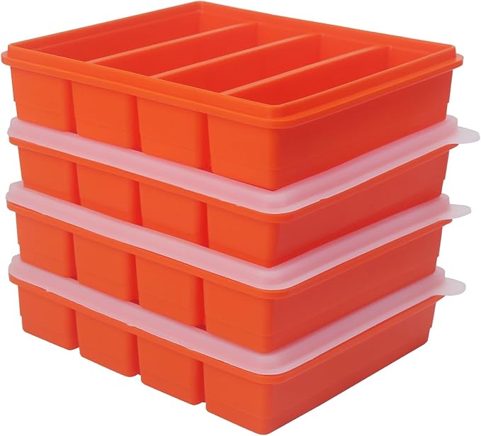 Large and Long Ice Cube Tray 4 Pack Silicone Freezing Container Sticks with Lid for Whiskey, Water Bottle, Food Leftovers and Baking (4 Pack Orange)
