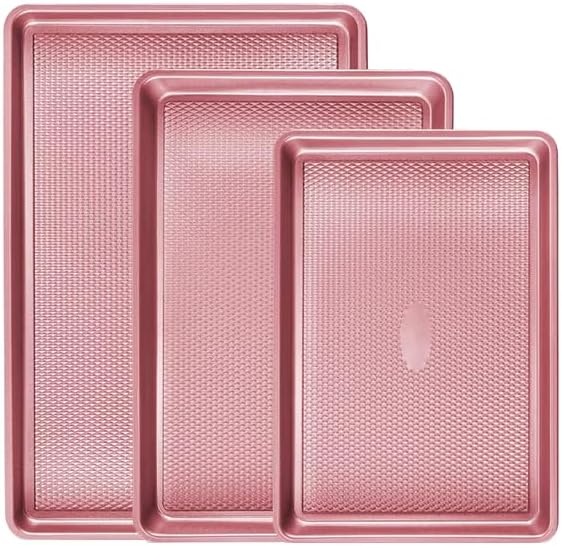 Nonstick Baking Sheet Pan Set of 3, Heavy Duty Cookie Sheets for Oven, 0.6mm Thick Quarter Size & Half Size & Jelly Roll Pan, Rustproof & Easy Clean with Textured Surface(Pink)