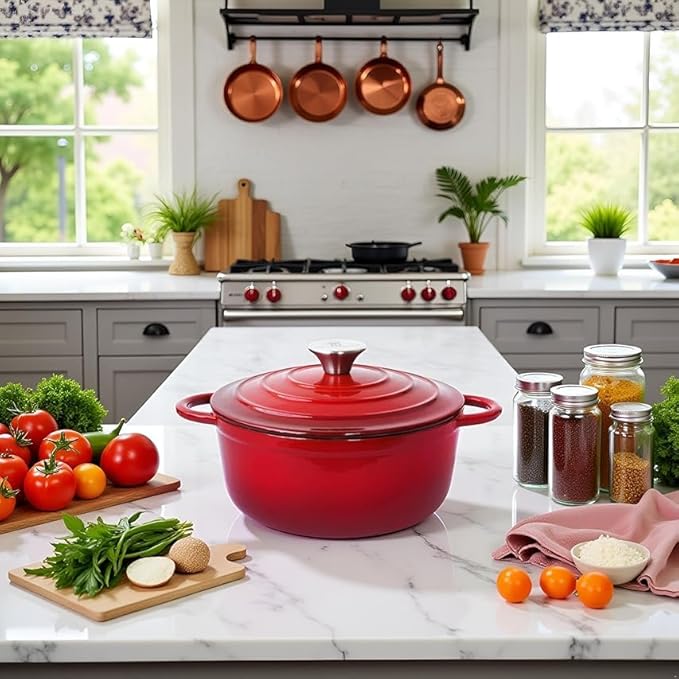 Trustmade 4.5 QT Cast Iron Dutch Oven, Enamel Coated Cookware Pot with Self Basting Lid for Home Baking, Braiser, Cooking, Red